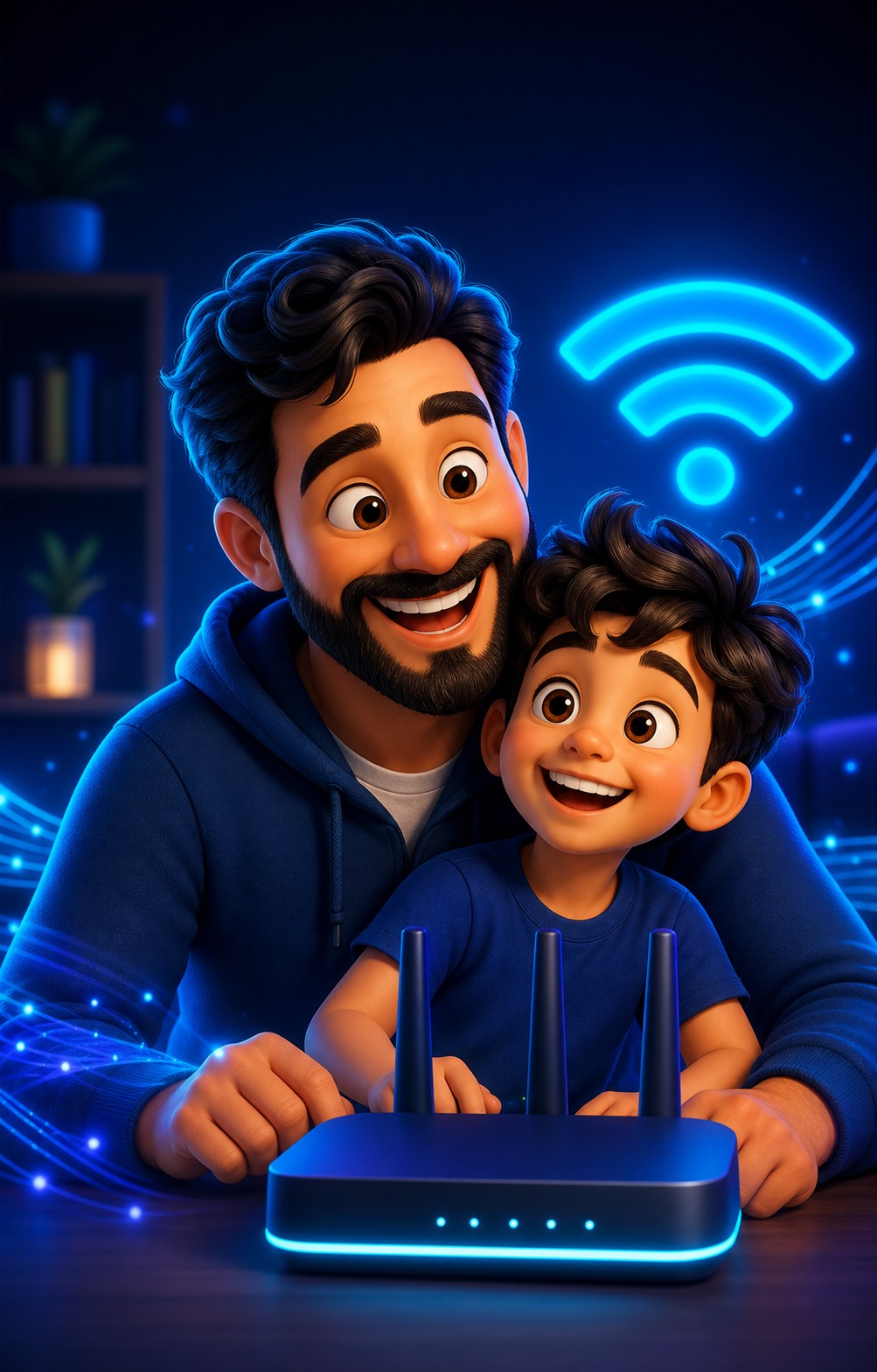 Pai e filho felizes juntos a um roteador com sinal Wi-Fi