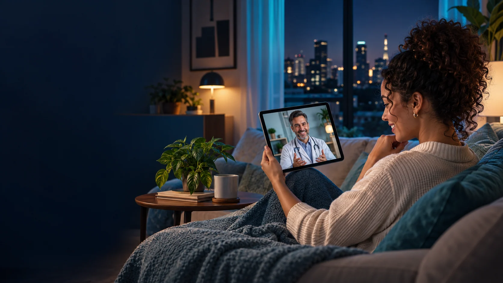 Mulher em casa conversando por videochamada com médico em um tablet